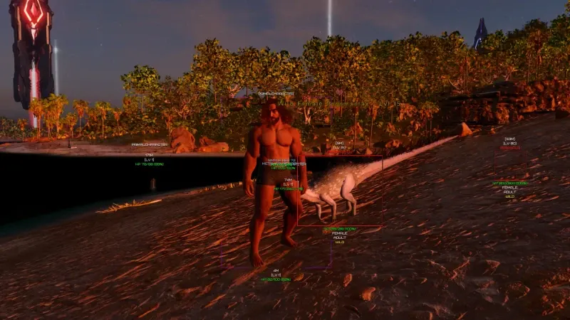Ark Ascended aimbot and skeleton ESP overlay during PvP combat